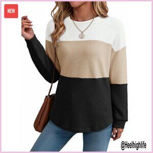 Oversized Waffle Knit Long Sleeve Top Puff Sleeves Crewneck Color Block